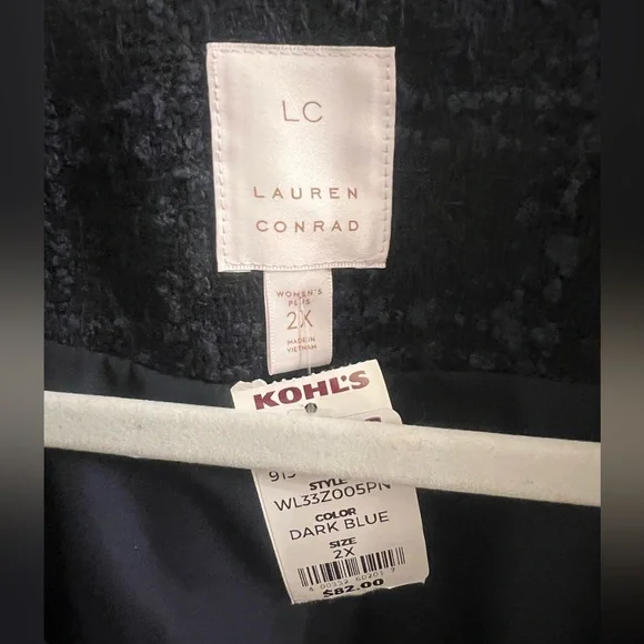 NWT Lauren Conrad tweed dble breasted jacket navy blue w/lghtr blue threading 2x - Picture 2 of 8
